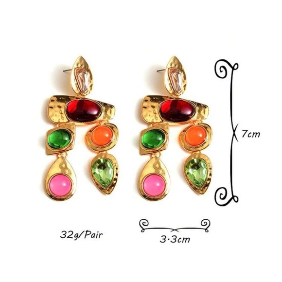 Gold multicolor statement earrings - retro spring earrings -multicolor earrings - Picture 4 of 5